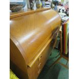 VINTAGE TEAK ROLL TOP BUREAU WITH THREE DRAWERS.