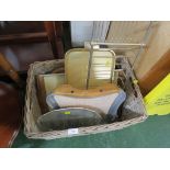 SELECTION OF ASSORTED TEA TRAYS , BATH TUB STORAGE RACK TOGETHER WITH A WICKER BASKET.