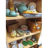 THREE SHELVES OF HOME WARE INCLUDING CLOCK , WEIGHING SCALES AND OTHER ITEMS*