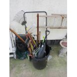 GARDENING HAND TOOLS INCLUDING RAKE , SHEARS , SPADES. TOGETHER WITH A BLACK GARDEN WASTE BIN AND