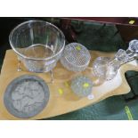 GLASS WINE COOLER ON SILVER PLATED STAND , CUT GLASS DECANTER , FLOWER ARRANGERS AND A SET OF