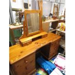 SIX DRAWER HONEY PINE DRESSING TABLE WITH DRESSING MIRROR ON TWO DRAWER STAND