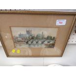 FRAMED AND GLAZED WATERCOLOUR OF CATHEDRAL AND BRIDGE SIGNED AND DATED 'NICHOL 1903' LOWER LEFT.