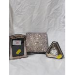SMALL SILVER CLAD PHOTOGRAPH FRAME , EMBOSSED SILVER CLAD ADDRESS BOOK , AND A SILVER CLAD