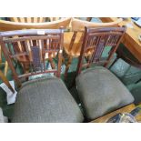 PAIR OF MAHOGANY SIDE CHAIRS WITH CARVED SPINDLE BACKS AND SPRUNG UPHOLSTER SEATS.
