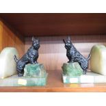 PAIR OF POLISHED GREEN STONE BOOK ENDS WITH COLD PAINTED CAST METAL FIGURES OF SCOTTY DOGS (A/F)