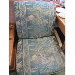 OSBOURNE UPHOLSTERED CHAISE CHAIR WITH PATTERNED FABRIC DEPICTING ORIENTAL STYLE SCENES.
