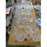 SMALL SELECTION OF GLASS WARE INCLUDING BOWLS , DECANTERS ETC. *