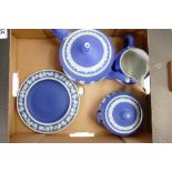 Wedgwood dark blue dipped jasperware teaset: comprising teapot (re glued small chip to spout),