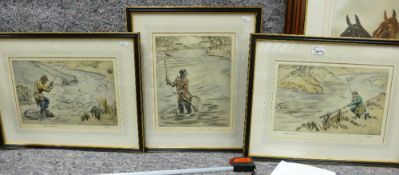 Three Fishing Theme Limited Edition Coloured Etchings: largest 52 x 40cm (3)