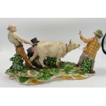 Capodimonte figure group of tramps milking cow: damage noted,