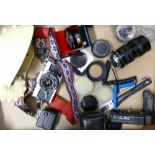 A collection of 35mm camera equipment: to include Olympus 0M-2 camera body, 28mm & 50mm lens,