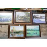 A collection of 5 Landscape theme prints: sporting items noted
