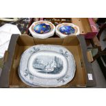 Two Large Early 20th Century Blue & White Meat Platters: together with 2 decorative wall plates