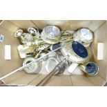 A large collection of brass ware items to include: barometer, wall clock, bed pan,