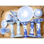 A mixed collection of Wedgwood jasper ware and similar items to include: vases, candlesticks,