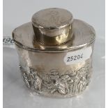 Silver tea caddy and lid with hallmarks for Chester 1904: Caddy has significant denting.