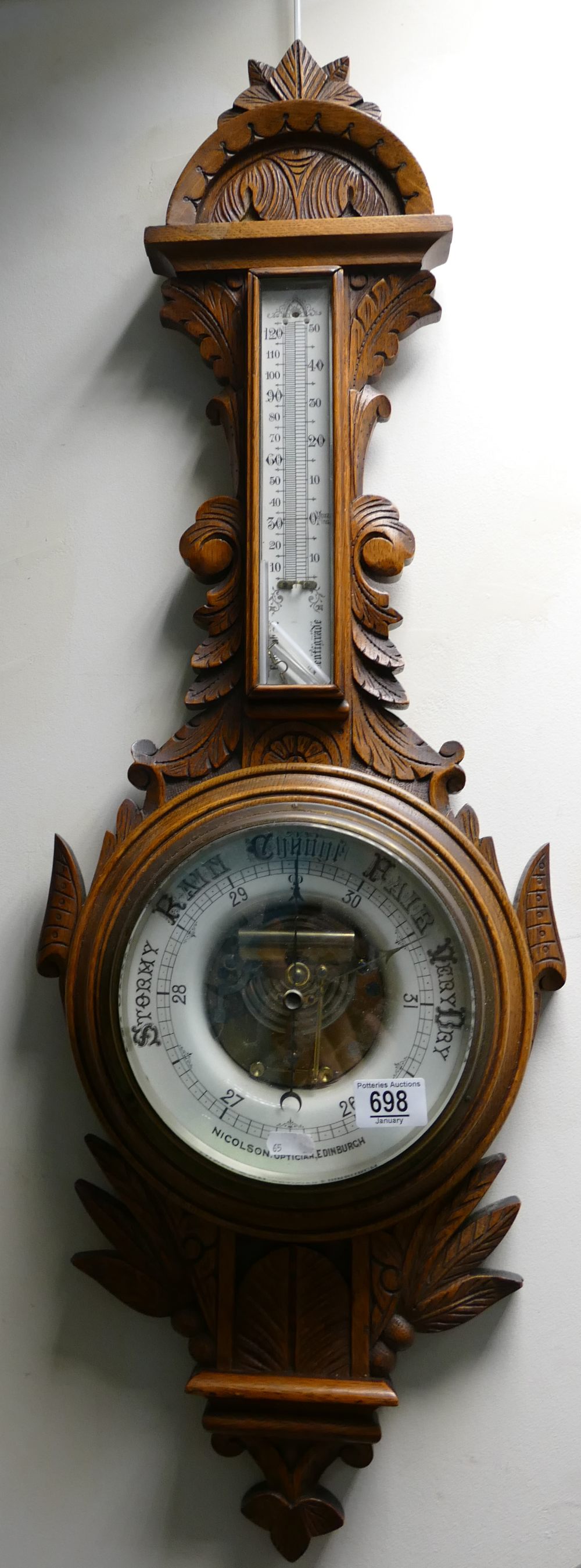 Nicolson Optican Edinburgh Carved Oak Barometer: