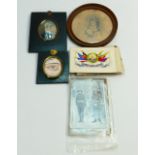 Lot including hand painted miniature and 2 similar items: Together with postcards & photographs etc.