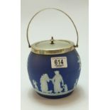 Wedgwood dipped blue biscuit barrel with silver plated fittings: height 13.