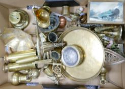 A large heavy box of brass ornaments: novelties and candlesticks