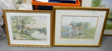 J Dennison Local Artist Framed Watercolours of Donkeys & River bank scene: largest 55 x 45cm (2)