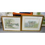 J Dennison Local Artist Framed Watercolours of Donkeys & River bank scene: largest 55 x 45cm (2)