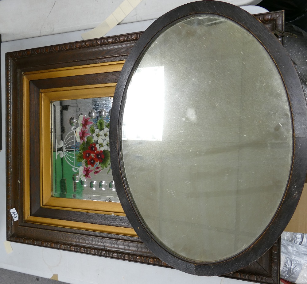 Oak frame early 20th Century Mirror: with painted flowers decoration together with similar oval