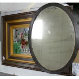 Oak frame early 20th Century Mirror: with painted flowers decoration together with similar oval