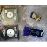 Two Wedgwood jasper ware clocks, together with jewellery: Gold plate on sterling silver,