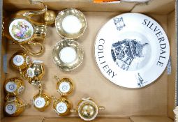 Gilded Contential miniature tea set: together with commemorative Silverdale Colliery plate