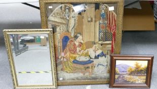 A collection of framed items to include: framed tapestry,