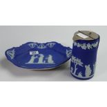 Wedgwood dark blue dip jasperware jug and handled tray: tray length 28cm.