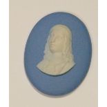 Wedgwood solid pale blue Jasper portrait medallion of Raphael: c1820, h6.7cm.