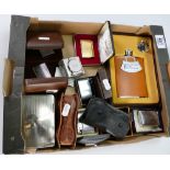 A collection of cigarette lighters, opera glasses etc: including lighters by Penguin, Sim, Lewis,