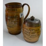 Doulton Lambeth Stoneware items : including Gladstone jug (cracked) and tobacco jar & cover.