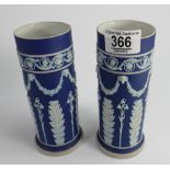 Wedgwood dark blue dip jasperware pair of cylindrical vases: height 17cm.
