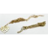 Gold coloured metal chains & pendant: 2.9g, chains damaged. Believed 9ct.