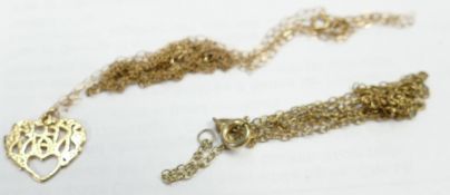 Gold coloured metal chains & pendant: 2.9g, chains damaged. Believed 9ct.