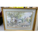 J Dennison Local Artist Framed Watercolour of Shire Horse scene: overall 71 x 54cm