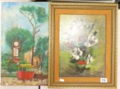 Framed oil on canvas still life study: together with similar continental street scene (2)