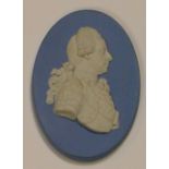 Wedgwood solid pale blue Jasper portrait medallion of Charles XII: c1970, h9cm.