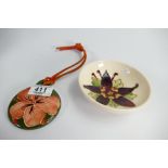 Moorcroft hibiscus Christmas tree decoration and columbine footed dish.