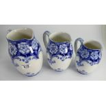 Royal Doulton set of 3 graduated blue & white jugs: largest height 20cm.