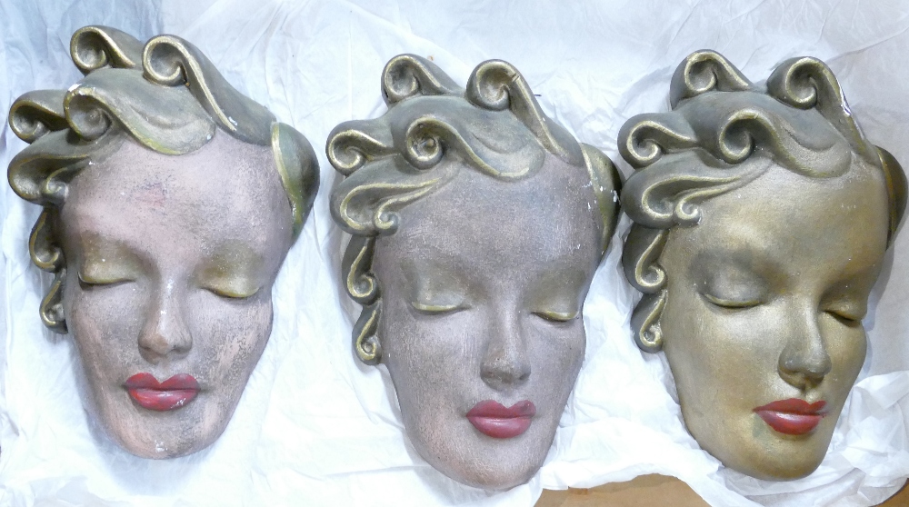 Three French Art Deco Face Mask Wall Plaques marked Paris & dated 1914