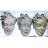 Three French Art Deco Face Mask Wall Plaques marked Paris & dated 1914
