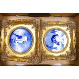 Two framed reproduction Blue & White wall plaques: with images of children playing