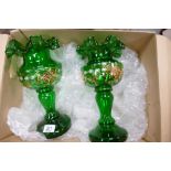 Victorian green glass vases missing cut glass lustres: 31cm high.
