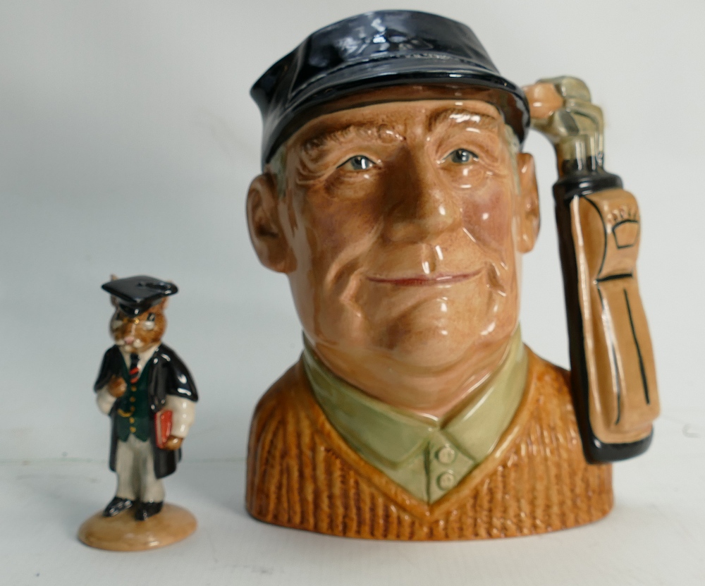 Royal Doulton Large Character Jug Golfer D6623: together with Bunnykins figure Schoolmaster(2)