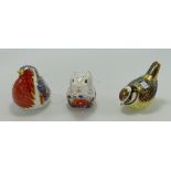 Three Royal Crown Derby paperweights Robin Poppy mouse and a tit: In original condition,